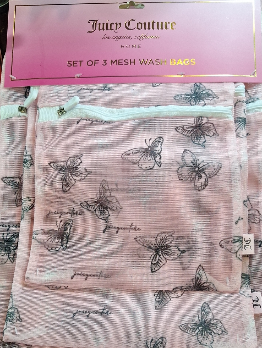 Juicy Couture Pink Butterfly Mesh Wash Bags - Set of 3